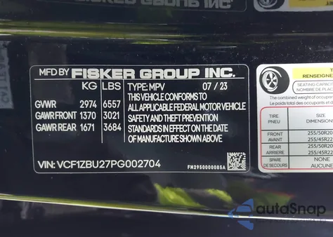 2023 Fisker Ocean One из США, поврежденный, VIN VCF1ZBU27PG002704